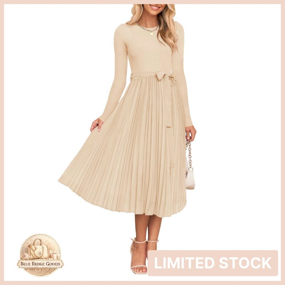 Long Sleeve Midi Dress Elegant Knit Pleated A-Line Flowy Party Wear